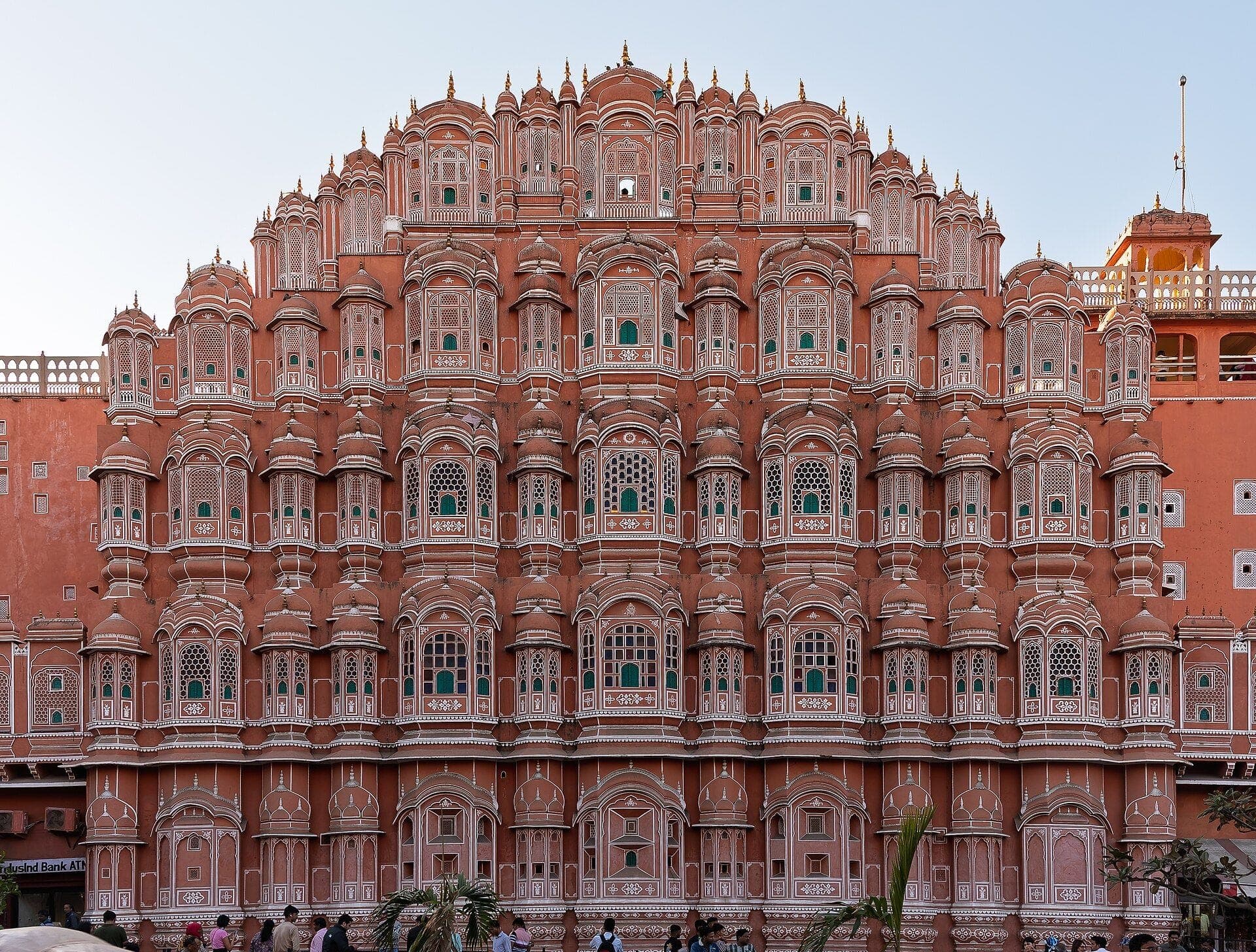 The pink sandstone facade of Hawa Mahal in Jaipur