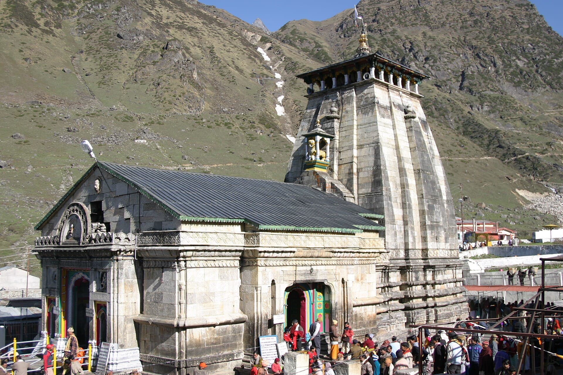 Kedarnath Temple with snow-covered Himalayan peaks behind it